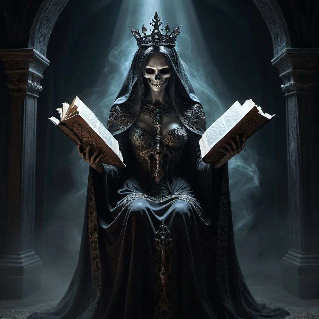 Prompt: realistic full body, (powerful lich), (goddes of death), (ethereal beauty), dark and ominous shadows, decomposing, eyes with magical illumination, medieval fantasy, ancient magical floating book, emanating a sense of deep knowledge and wisdom, mystical atmosphere, intricate details, high contrast, regal aura, (4K), ultra-detailed, evokes a sense of both allure and danger, shadows dancing around her, otherworldly presence.