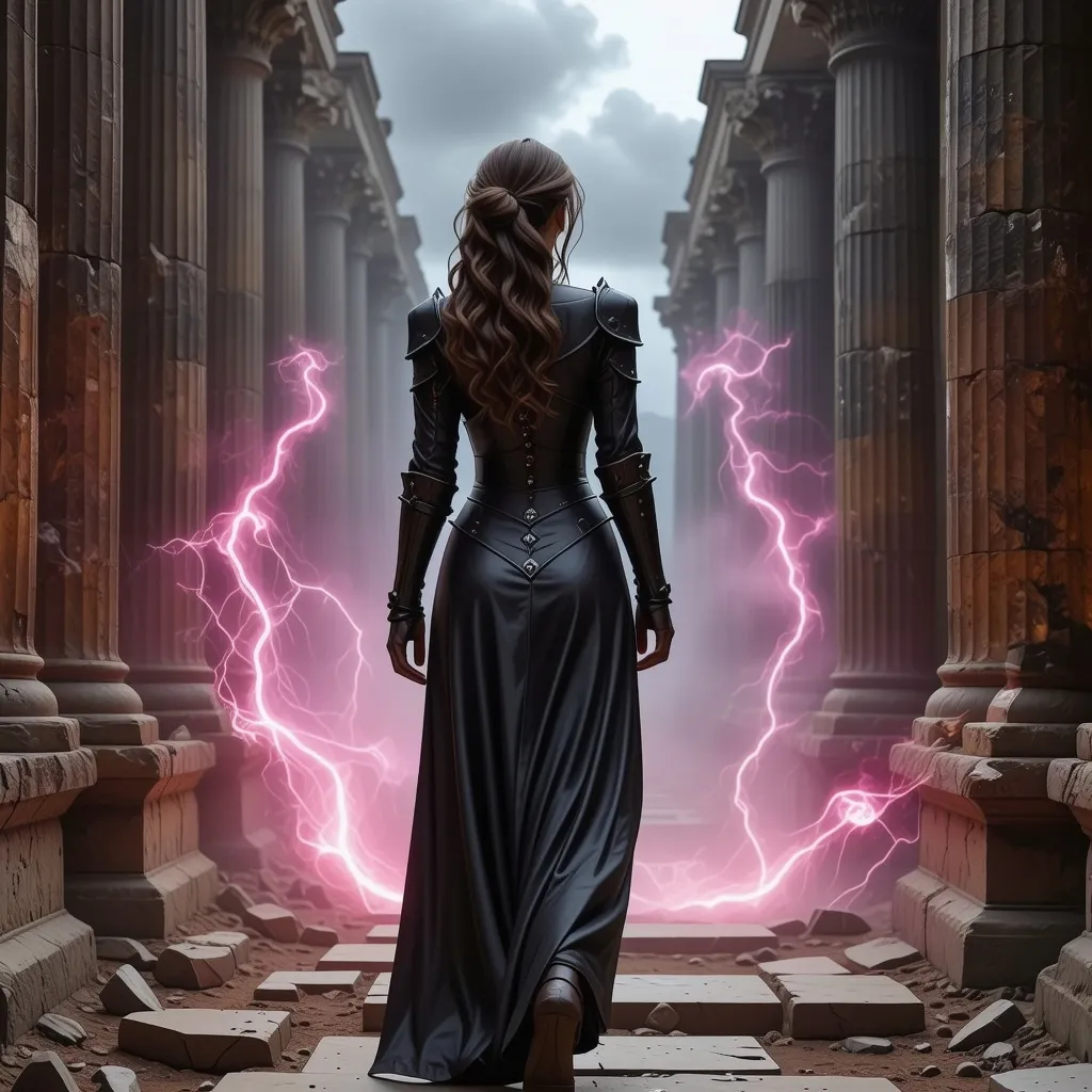 Prompt: realistc, Full female body, walking away, gorgeous mistress, long leather medieval dress with body, dominant stance, looking over shoulder, set between ancient ruins, magical spells in the air