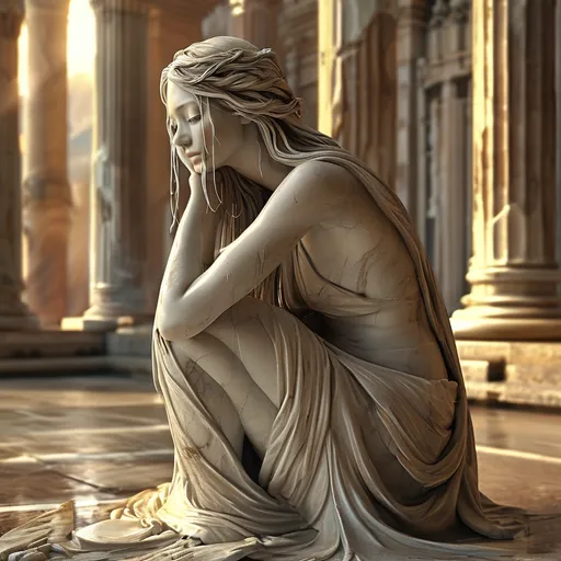 Prompt: realistic (marble full-body statue of a gorgeous woman crying kneeling), adorned beautifully, set in the middle of a grand auditorium within an ancient temple, atmospheric ambiance with sophisticated lighting, ethereal sun rays illuminating the scene, detailed ancient architecture surrounding, warm tones creating a mystical feel, hint of medieval fantasy, ultra-detailed, high-definition.