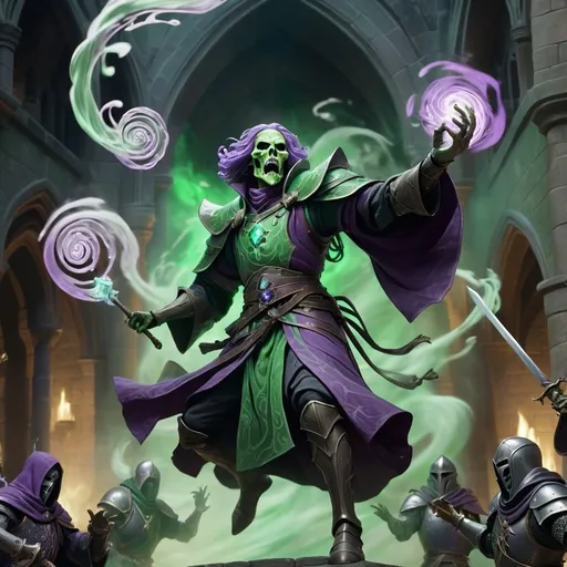 Prompt: skirmish  between Sinister DnD character Lich hovering in the air battling and some knights, robes, battle scene, worriors, knights, magical swirls, green and purple tints, intense aura, high contrast, fantasy, highres, detailed, sinister, magical, dark castle, battle, DnD, green tones, swirling magic, intense lighting