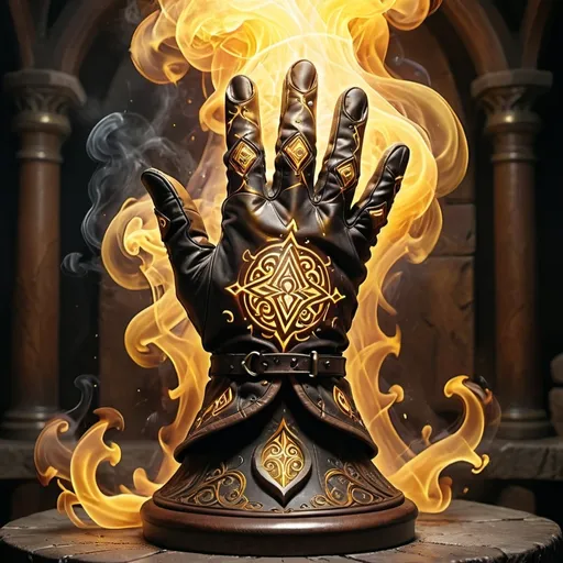 Prompt: (leather gloves of might), (yellow swirling magical smoke), intricate design details, medieval fantasy ambiance, mystical symbolism, enchanting lighting, a stone pedestal adorned with ancient runes, vibrant colors highlighting the magical essence, high resolution, ethereal atmosphere, dynamic energy surrounding the gloves, cinematic depth