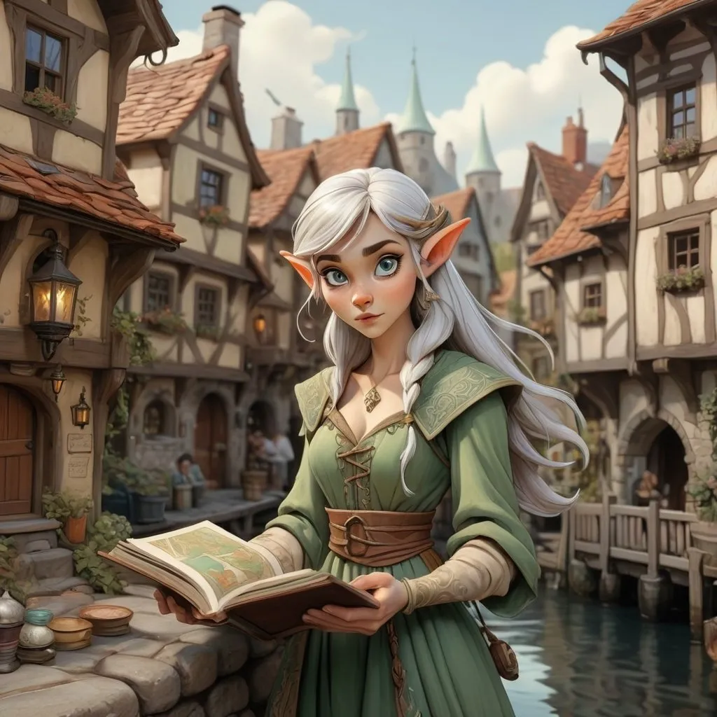 Prompt: highly detailed, Ink painting of a vintage fantasy DND character female elf mage browsing in quaint harbor village line art, detailed elven features, detailed faces, flowing detailed intricate mage robes, floating magic book, mage crystals, crowded marketplace, charming cobblestone streets, antique color palette, delicate line work, high quality, detailed, DND, female elf, quaint village,  ink painting, Anton Pieck style, line art, charming streets, vintage colors, detailed features, sunny atmosphere
