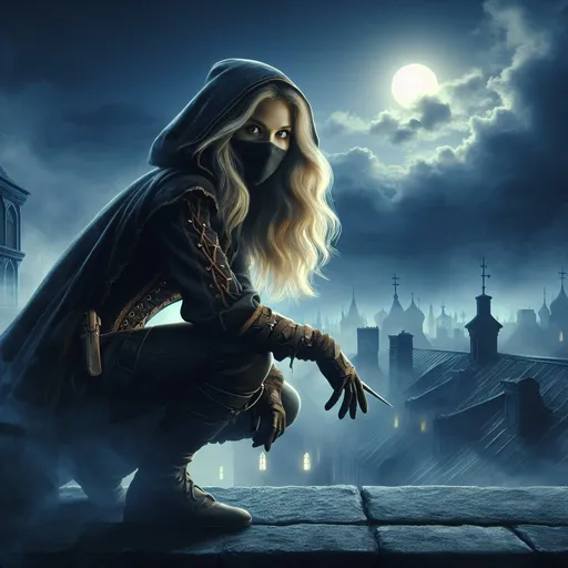 Prompt: oil painting, Medieval fantasy, blonde female assasin in the shadows , rooftop, full body, fantasy,  dark cloak, fantasy,  high quality, detailed, sneaking, lurking, squating, atmospheric,  dark lighting,  mystical aura, anton piek, misty setting, moonlight, surveying look, intense eyes,  concealed, covered-up, smiling,