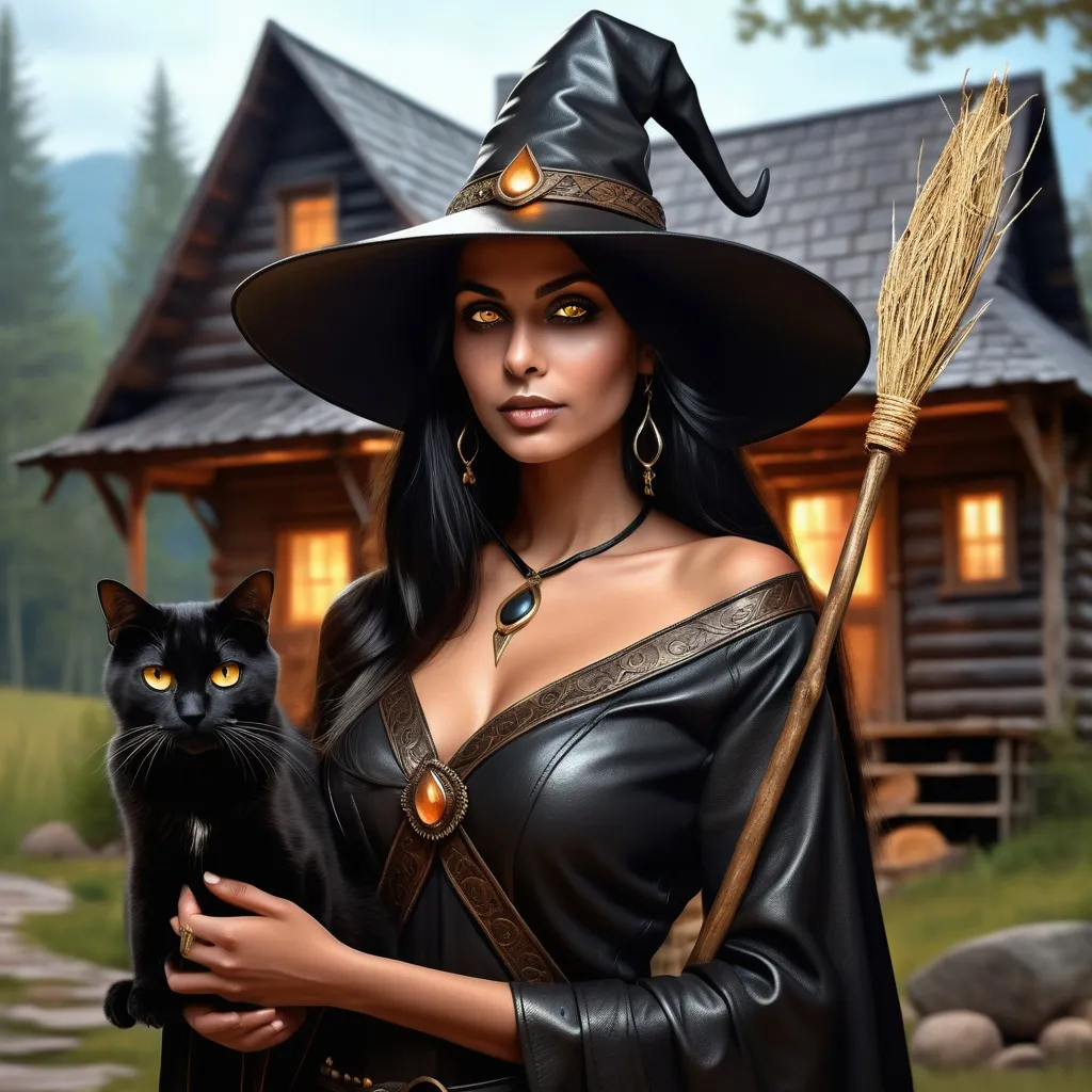 Prompt: digital art of a gorgeous dark haired indian witch, glowing dark goldeneyes, adorned in smooth black robes made of simple sleek leather, her pointy hat`s wide brim casting an enchanting silhouette, a sleek cat perched gracefully on her shoulder, magical  broom in hand with inlaid stones, surrounded by the rustic charm of a cozy witches cabin, with a couldren and potions in the background, warm light filtering through wooden beams, inviting atmosphere, highly detailed, immersive, mystical ambiance, ultra-detailed, high quality.