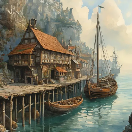 Prompt: (shipwharf), (antique wooden wharf at the waters edge), (cranes and ropes) in intricate detail, medieval fantasy setting, watercolor painting anton pieck style, soft and muted colors, warm ambient lighting, nostalgic atmosphere, charming clutter, whimsical and dreamy quality, ultra-detailed, inviting vibe that captures the essence of craftsmanship and imagination.