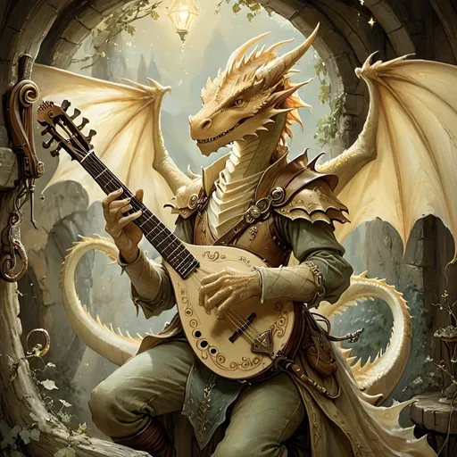 Prompt: DnD dragon born bard playing an instrument, magical musical notes streaming in the air, beatiful dragon wings, Anton Pieck style painting, vintage warm tones, intricate details, whimsical fantasy, medieval, high quality, oil painting, good hair, charming, enchanting, intricate details, cozy lighting