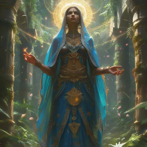 Prompt: (4K) stunningly Beautiful female Asimir adivasi Priestes DND character, cloaked in intricate ceremonial robes, standing boldly in a mystical overgrown temple, halo shining above her head, (powerful spells) flying through the air amongst a dazzling glow of divine light, vibrant ethereal colors illuminating the scene, lush greenery as the backdrop, (intense atmosphere) filled with urgency and magic, highly detailed.