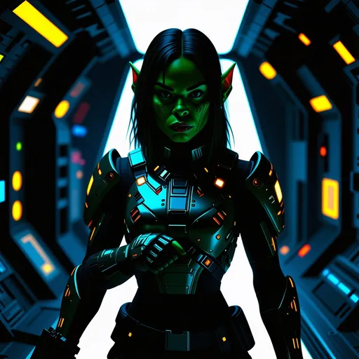 Prompt: Female Orc DND character, (high-tech futuristic space outfit), (ready for battle), (tech battle armor), intricate details, laser rifle at the ready, illuminated armor panels, sleek design, posture of confidence, (space station surroundings), spaceship and blinking control panels in the background, vibrant colors, contrasting shadows, immersive sci-fi ambiance, (4K ultra-detailed), dynamic energy.