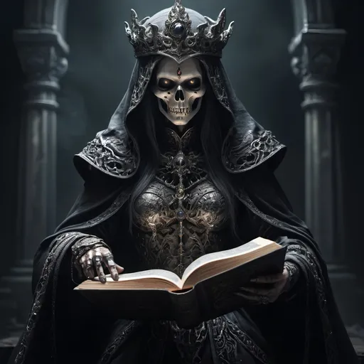 Prompt: realistic full body, (powerful lich), (goddes of death), dark and ominous shadows, (decomposing) body and face, piercing eyes with magical illumination, detailed armored robes, medieval fantasy, ancient magical floating book of creation, emanating a sense of deep knowledge and wisdom, mystical atmosphere, intricate details, high contrast, regal aura, (4K), ultra-detailed, evokes a sense of both allure and danger, shadows billowing around her, otherworldly presence.