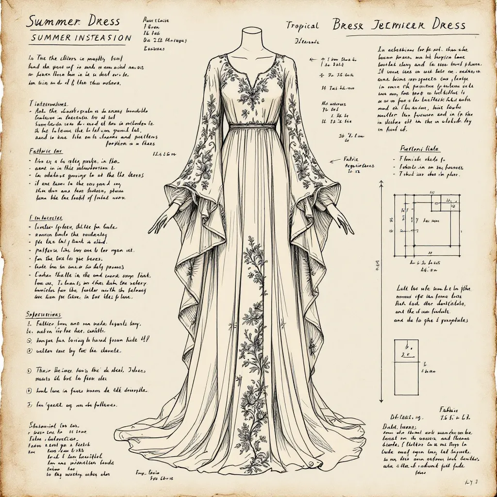 Prompt: technical drawing of a summer dress design, sleeves, tropical modest style, medieval fantasy, intricately detailed pencil sketch with numbers and measures, elegant flowing shapes, rustic parchment background, soft texture contrasts, warm highlights,, artistic presentation, dynamic angles, fashion illustration elements, high-quality craftsmanship, refined, inspiring, showcasing creativity and design excellence, beautiful composition.