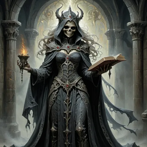 Prompt: realistic full body anton pieck-style oil painting, (powerful lich), (goddes of death), dark and ominous shadows, (imposing figure), (decomposing) body and face, detailed armored robes, medieval fantasy, Reading (enchanted grand spell tome) magicaly radiating (glowing runes), emanating a sense of deep knowledge and wisdom, mystical atmosphere, intricate details, high contrast, regal aura, (4K), ultra-detailed, evokes a sense of both allure and danger, shadows billowing around her, otherworldly presence.