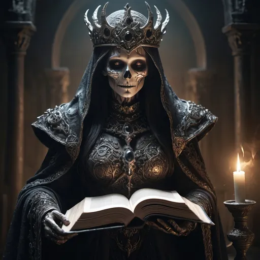 Prompt: realistic full body, (powerful lich), (goddes of death), dark and ominous shadows, (decomposing) body and face, piercing eyes with magical illumination, detailed armored robes, medieval fantasy, ancient magical floating book of creation, emanating a sense of deep knowledge and wisdom, mystical atmosphere, intricate details, high contrast, regal aura, (4K), ultra-detailed, evokes a sense of both allure and danger, shadows billowing around her, otherworldly presence.