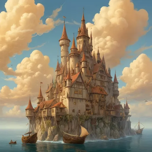 Prompt: (floating city), medieval fantasy, golden clouds, Anton Pieck style, **dramatic color palette**, warm golden tones, majestic atmosphere, towering spires and turrets, intricate detailwork, dreamlike quality, elevated above the sea of clouds, **ornate architecture**, whimsical and enchanting setting, surreal and magical environment, vibrant sky, HD, ultra-detailed, high quality, cinematic masterpiece, **epic and awe-inspiring.**