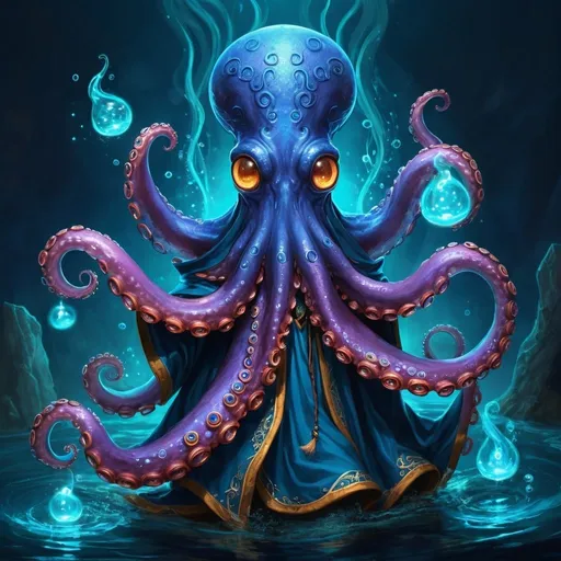 Prompt: Cute magical floating octopus mage, medieval fantasy art style, vibrant color palette, whimsical details, high quality, detailed tentacles, mystical, blue illuminating magical swirls, glowing eyes, enchanting, whimsical, magical, medieval fantasy, vibrant colors, floating, mage, professional, atmospheric lighting, mages robes