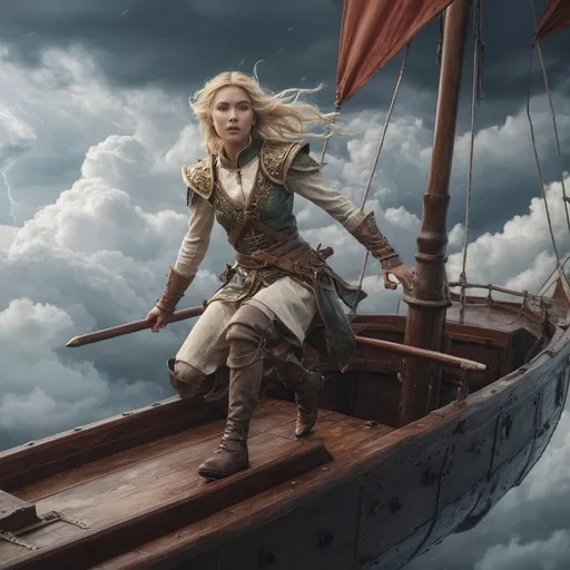 Prompt: (full body blond asian female elf adventurer on a flying ship in the clouds), medieval fantasy, high up in the sky, sleek ship, phloughing through the clouds, intense expression, storm and wind,  rough admosphere, pretty face, beautiful curves, fantasy setting, detailed background with fluffy storm clouds, lightning, dynamic and energetic pose, ultra-detailed, 4K, high quality, cinematic colors