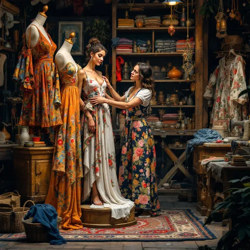 Prompt: digital art, antonon pieck style,  woman on pedestal trying on colourful leahter summer dresses, seamstress taking measurments,  medieval fantasy clothing shop, intricate textile patterns, rich colors, warm ambient lighting, vintage sewing tools, detailed wooden shelves, enchanting atmosphere, cozy vibe, high quality, ultra-detailed, artistic representation of craftsmanship and creativity in fashion design.