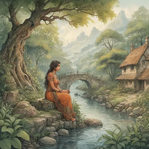 Prompt: (adivasi woman), (Anton Pieck style), vibrant colors, whimsical details, happy colors, nostalgic atmosphere, natural surroundings, warm tones, flowing dress, intricate patterns, soft lighting, fantasy elements, inviting landscape, storytelling quality, enchanting scene, detailed texture, high-quality illustration, dreamy feel.