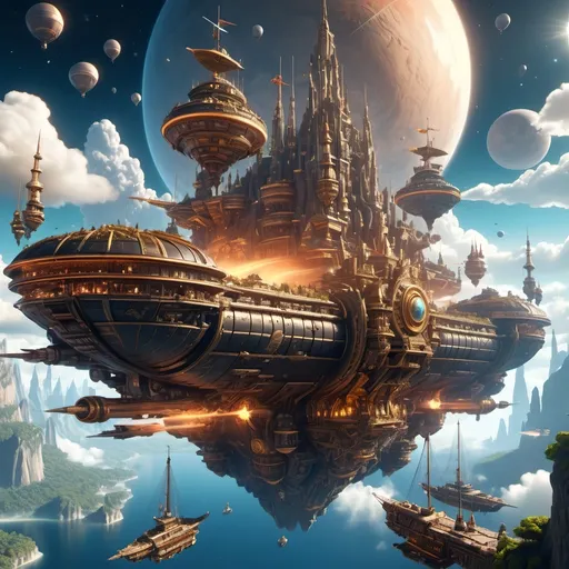 Prompt: (skydock high in the sky with flying ships docked), imperialistic fantasy, soft glowing lights, space-inspired elements, ultra-detailed, intricate designs, majestic, sense of wonder and adventure,  floating clouds, fantasy environment, high resolution, 4K, vibrant colors, cinematic masterpiece, captivating and awe-inspiring atmosphere.