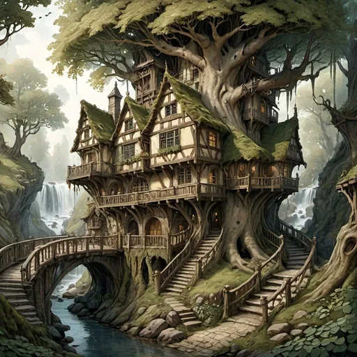 Prompt: Anton Pieck style illustration of a large medieval fantasy treehouse tavern build in a large continuous willowing tree, leafy roof, mossy, inviting entrance with bridge, terrasse, wooden aestethics, connected paths, in a wild forrest, flowing stream, waterfall, vintage paper texture, intricate line work, high detail, mystical atmosphere, warm and nostalgic tones, soft lighting, high quality, warm window lighting