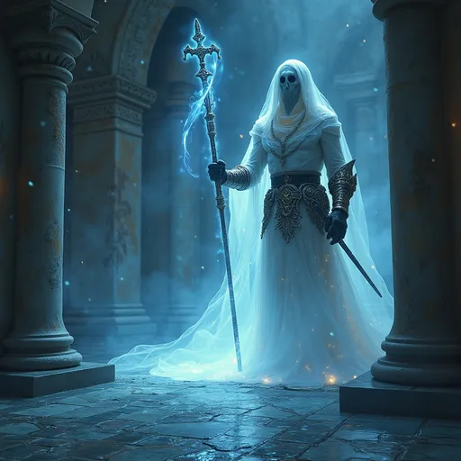 Prompt: (illuminous soldier spirit), guarding a temple, ghostly appearance, medieval fantasy setting, DND adventure, soft mystical lighting, serene glossy tiles reflecting luminous patterns, sacred ambiance, ornate grave nearby, tranquil atmosphere, enchanting details, enchanting visuals, luminous surroundings, ultra-detailed, high quality, symbols of protection and spirituality.