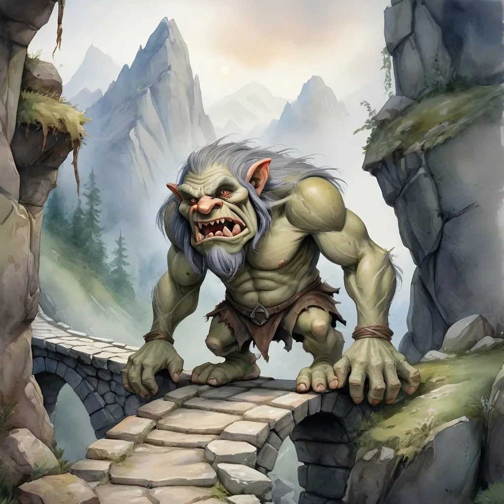 Prompt: Watercolor painting of a menacing grey bridge troll, medieval fantasy, DND character, mountainous landscape, detailed troll features,  cobble stone road, mystical atmosphere, high quality, watercolor, fantasy, medieval, detailed troll, mountain landscape, menacing, rugged stone bridge, mystical atmosphere, professional, atmospheric lighting