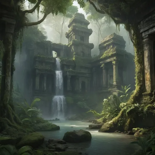 Prompt: Indian jungle anient city ruines, ancient trees, lush green tropical, rain forrest, nature, water stream, waterfall, ancient stone, overgrown, moss, fog, high quality, realistic, tropical, ancient, detailed foliage, serene atmosphere, natural lighting, magical light, 