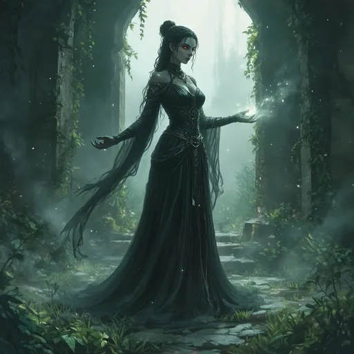 Prompt: realistic anime adivasi vampire woman, elegant medieval fantasy dress flowing softly, beautiful yet deadly allure, inviting open posture, standing guard at an ancient stone temple, mist swirling around, ethereal lightbeams breaking through the mist creating a magical atmosphere, magical illumnation of the hands, serene yet vigilant, lush greenery in the background, intricately detailed textures, ultra-detailed, HD quality.