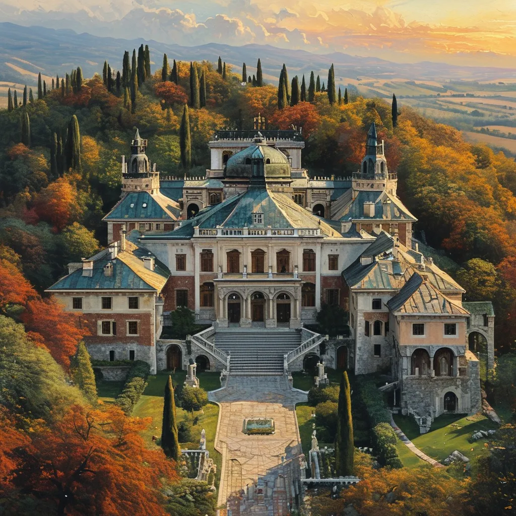 Prompt: aerial view of (grand estate with rustic elements), (oil painting), medieval fantasy style, hofburg style, combiantion of wood and stone, battlements, towers, grand entrance, surrounded by lush Italian hills, detailed stone tiles, warm earthy color tones, atmospheric lighting casting shadows, inviting and enchanting ambiance, intricate landscape features, majestic architecture, captivating horizon blending into a dramatic sunset, ultra-detailed, high quality, masterpiece.