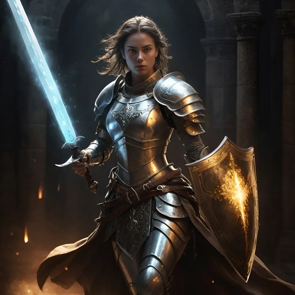 Prompt: realistic digital art painting of fantasy style full body female paladin, glowing aura, dnd Characters, active stance, ready to strike, shield, heavenly, intricate detailed armor, darkness, magic light,  high qualtiy face, sword dance, glowing swinging sword, highly detailed,  atmospheric lighting, high quality,  earthy tones, detailed, medieval fantasy, darkness, atmospheric lighting
