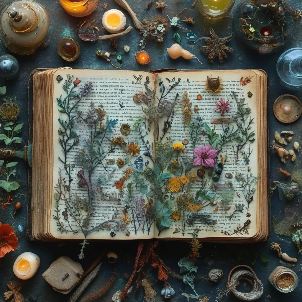 Prompt: open witch's tome, infused with (sinister) mystic flora and fauna; scene pulsating with (magic and wonder), potion recipes, herbal plant sketches, soft ethereal spells drifting into the air, (creepy crawlers) scampering around, enchanting yet eerie atmosphere reflecting hidden secrets and ancient knowledge.