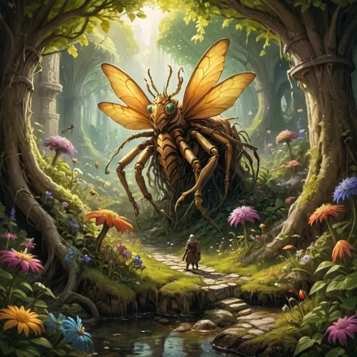 Prompt: (tiny DnD adventurers in a supersized macro world), (majestic flowers and roots), (medieval fantasy setting), (colossal insects), vibrant colors, cheerful sunlight, ultra-detailed, oil painting style, good lighting, lush greenery, expansive vista, fantastical elements