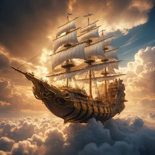 Prompt: (flying ship), above the golden clouds, majestic, fantasy, dramatic golden tones, high contrast lighting, ethereal atmosphere, sense of wonder, ultra-detailed, glowing light reflections on clouds, vast expansive sky, hint of sunlight, crisp air, ultra HD, highly detailed sails, intricate design, storm clouds, fantastical elements, vivid colors, cinematic masterpiece.