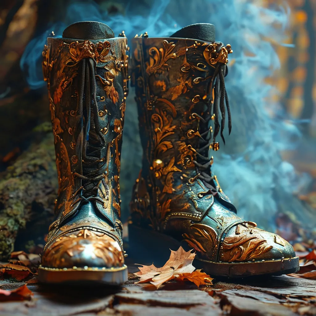 Prompt: (anton peak-style) oil painting , stand alone, (leaf pattern lace armorplated leather exploration boots), stylish medieval fantasy, (enchanted boots), magical illuminating smoke, intricate detailing, 
 magical glow, backgrounds of mystical forests, warm jewel tones, soft lighting effects, whimsical ambiance, high-quality 4K resolution, ultra-detailed texture, fantastical elegance.