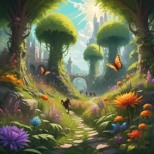 Prompt: (tiny DnD adventurers in a supersized macro world), (giant grass blades), (majestic flowers and branches), (medieval fantasy setting), (colossal insects), vibrant colors, cheerful sunlight, ultra-detailed, oil painting style, good lighting, lush greenery, expansive vista, fantastical elements