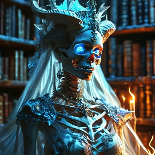 Prompt: (powerful lich queen), (goddes of death), (ethereal beauty), dark and ominous lighting, skeleton, ivory skull, blue burning eyes magical illumination, medieval fantasy, surrounded by ancient books, emanating a sense of deep knowledge and wisdom, mystical atmosphere, intricate details, high contrast, regal aura, (4K), ultra-detailed, evokes a sense of both allure and danger, shadows dancing around her, otherworldly presence.