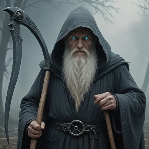 Prompt: (mysterious old man wielding a reaper scythe), long white beard, hooded in dark grey tattered robes, an hourglass on his belt, (ancient blue illuminating eyes),  sunny day, fog, ultra-detailed, cinematic masterpiece, 4K.