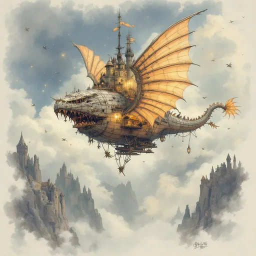 Prompt: airship in the shape of a winged dragon, intricate detail, medieval fantasy setting, watercolor painting anton pieck style, soft and muted colors, warm ambient lighting, filled with dust motes, nostalgic atmosphere, charming clutter, whimsical and dreamy quality, ultra-detailed, inviting vibe that captures the essence of craftsmanship and imagination.