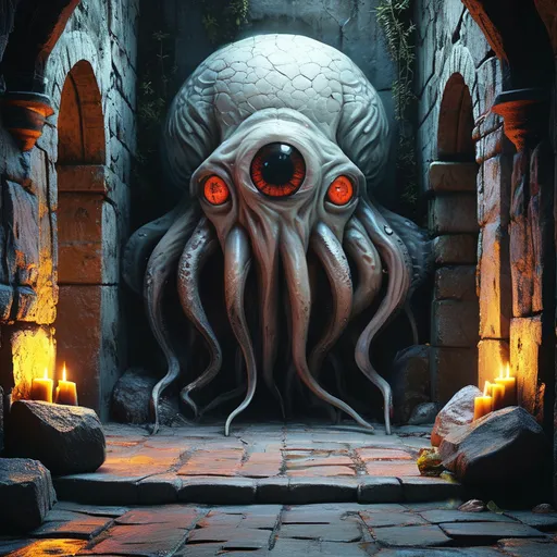 Prompt: (DnD beholder), (lots of smaller eys), (one big magical centre eye), dark dungeon setting, stone walls, eerie shadows, flickering torchlight casting ominous glows, high detail, dramatic lighting, atmospheric depth, (4K), intense and foreboding ambiance, mysterious textures and elements, captivating fantasy scene.