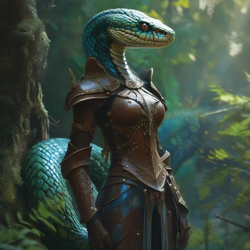 Prompt: humanoid snake hybrid, blue and green scales, medieval fantasy setting, dynamic pose, wearing intricate leather armor, scales glistening under soft light, vibrant green foliage in the background, whimsical atmosphere, fantastical elements around her, high-quality illustration, mystical ambiance, nature entwined with armor, (Dramatic color contrast).