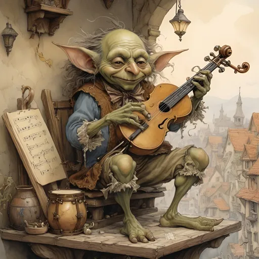 Prompt: DnD goblin bard playing an instrument, magical musical notes streaming in the air, Anton Pieck style painting, vintage warm tones, intricate details, whimsical fantasy, medieval, high quality, oil painting, good hair, charming, enchanting, intricate details, cozy lighting, hooves