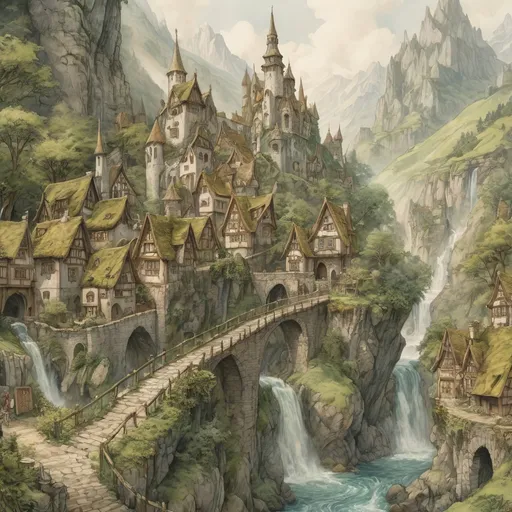 Prompt: realistic water color painting of a  distand Anton Pieck-style elf town of quaint elegant nature inspired towers and spires, moss roofs, lush green, elven population, cobble stone, sharp strokes, giant trees, crowds on the road, cascading waterfall, a flowing stream, high quallity, connected paths, high resolution, detailed, wood bridge, majestic mountains in the background, castle in the background, detailed and vibrant, high quality, Anton Pieck style, elf village, nostalgic, warm tones, lush green fields, cascading waterfall,