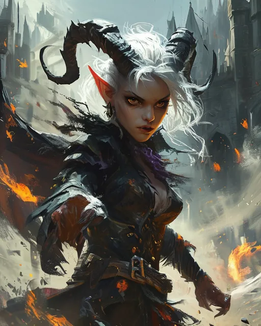 Prompt: (female DnD character: demon rogue), swirling through a battle, epic scene depicting a medieval fantasy confrontation, vibrant colors, dramatic brushstrokes, (dynamic movement), stunning demonic face, horns and a devils tail, immersive background with a crumbling castle, lush forests, and swirling dust, oil painting style evokes a sense of adventure, detailed textures, captures incredible energy, awe-inspiring, ultra-detailed.