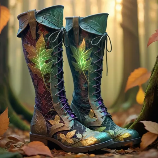 Prompt: stand alone, (leaf pattern mesh lace armored leather boots), stylish medieval fantasy, (enchanted boots), magical illuminated smoke, intricate detailing, 
 magical glow, backgrounds of mystical forests, warm jewel tones, soft lighting effects, whimsical ambiance, high-quality 4K resolution, ultra-detailed texture, fantastical elegance.