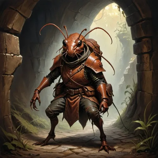 Prompt: (humanoid ant), DnD character, mandables, carapas, medieval adventurer, dungeon crawling, exploring dimly lit dungeon,  richly detailed oil painting, sturdy leather backpack, atmospheric shadows, mysterious ambiance, high-quality craftsmanship, dynamic composition, encapsulating the spirit of adventure and discovery.