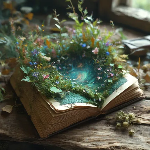 Prompt: open Magic fairy tale tome in a dungeon, pages sprouting an enchanted forest teeming with mystic flora and fauna,  pulsates with magic and wonder, volumetric light emanating softly, with a whimsical yet profoundly cinematic quality.