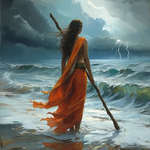 Prompt: (woman standing on the beach), (waves crashing), tattered saree, sun beams of hope, holding wooden staff,  (medieval fantasy), dark storm clouds looming, distant lightning, loneliness, (watercolor), dramatic and turbulent ambiance, gloomy hues, wind tousling her hair, the powerful waves and restless ocean reflecting the raw energy of the storm, captivating and dynamic composition, high detail, ultra-detailed.