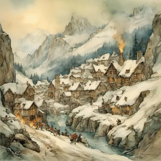 Prompt: <mymodel> mine high in the mountains, snow, torch lighting, caverns, misty atmosphere, high quality, vibrant colors, serene atmosphere, tranquil, mining