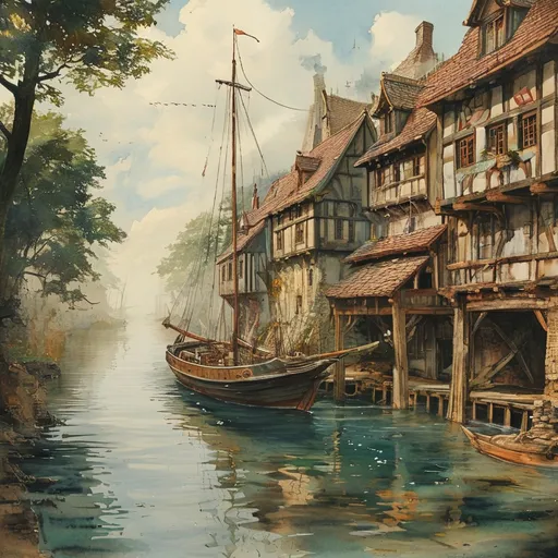 Prompt: (shipwharf), (antique wooden wharf at the waters edge), (cranes and ropes) in intricate detail, medieval fantasy setting, watercolor painting anton pieck style, soft and muted colors, warm ambient lighting, filled with dust motes, nostalgic atmosphere, charming clutter, whimsical and dreamy quality, ultra-detailed, inviting vibe that captures the essence of craftsmanship and imagination.