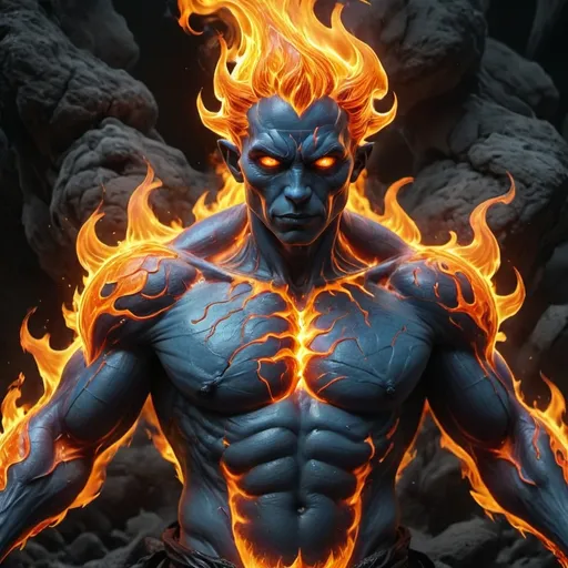 Prompt: (humanoid fire elemental), blazing flames, body of magma,  ethereal glow, flickering light, fiery aura, intense heat, swirling embers, charred ground, vibrant orange and blue tones, high-contrast lighting, dramatic shadows, mystical atmosphere, otherworldly, inferno background, ultra-detailed, 4K, fantasy art, epic scene, high-intensity, mesmerizing blaze, darkened surroundings, smokey tendrils