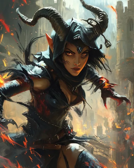 Prompt: (female DnD character: demon rogue), swirling through a battle, epic scene depicting a medieval fantasy confrontation, vibrant colors, dramatic brushstrokes, (dynamic movement), stunning demonic face, horns and a devils tail, immersive background with a crumbling castle, lush forests, and swirling dust, oil painting style evokes a sense of adventure, detailed textures, captures incredible energy, awe-inspiring, ultra-detailed.